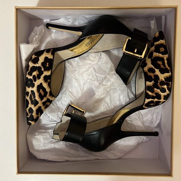 Michael Kors WOMENS SIZE 9 Black Brinkley Strap Calf Hair Leather Heels Buckle - Picture 9 of 11